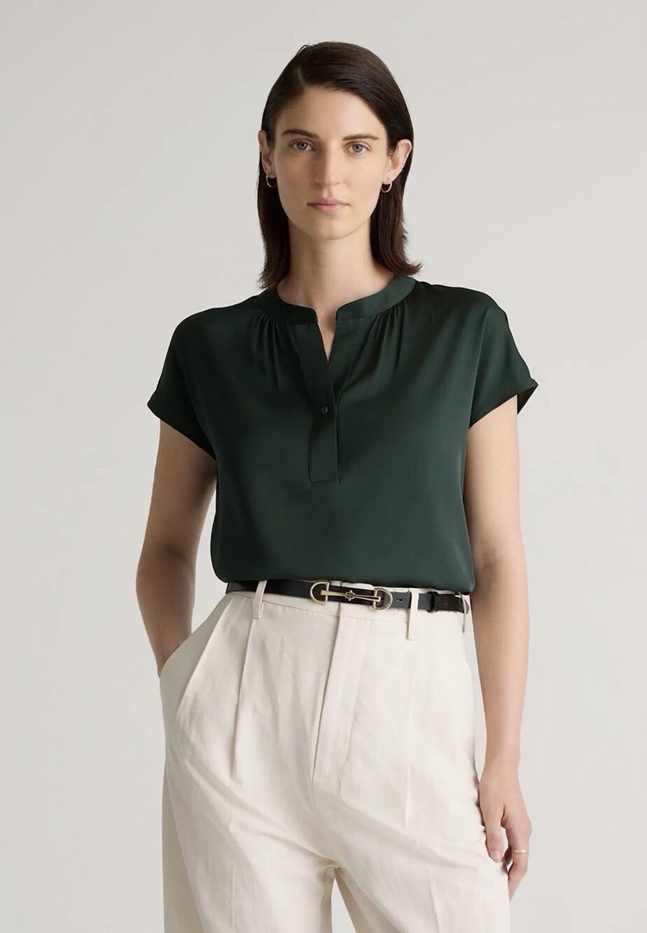 Quince Washable Stretch Silk Dolman Sleeve Blouse Forest Green Size L